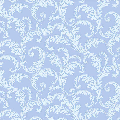 This cotton fabric featuring French scrolls in a tonal baby blue