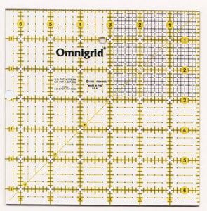The Omnigrid 6.5n x 6.5in ruler features an extra 1/2in width for seam allowances; it is used to cut, square and trim blocks sized 6.5in and under when quilting. In general, Omnigrid square rulers are used for secondary cutting of strips, and to square up finished quilt blocks.