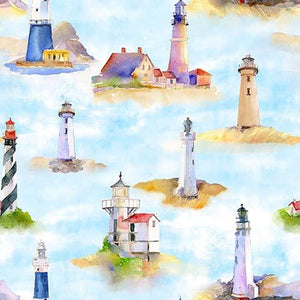 This cotton fabric features watercolored light houseson a rich blue background. Available at Colorado Creations Quilting