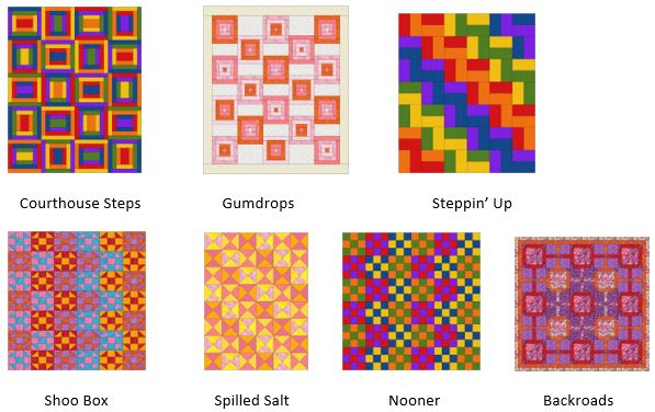 Easy and brightly colored quilt patterns with simple squares, rectangles and triangles.