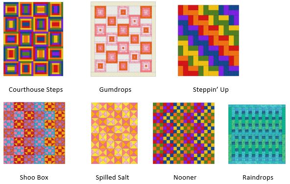 Easy quilt patterns shown in bright cheerful colors using squares, triangles and rectangles