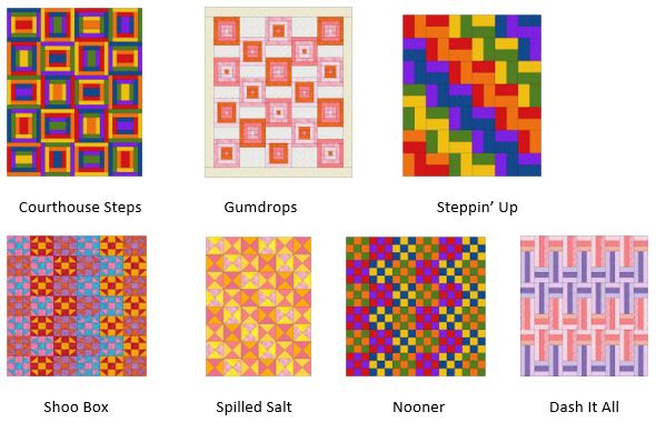 Easy quilt patterns shown in bright cheerful colors using squares, triangles and rectangles