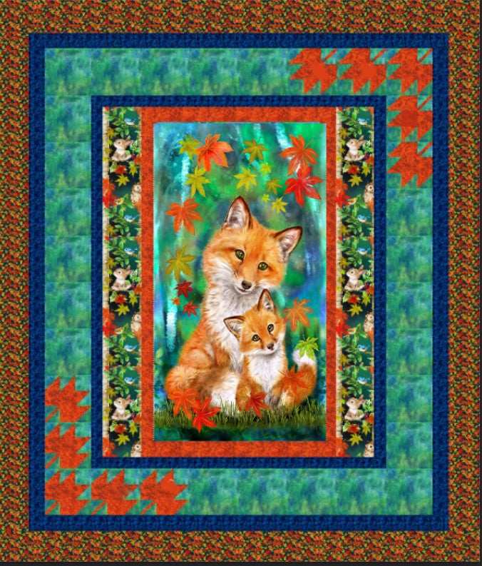 Quilt center features  a darling little red fox and mother surrounded by falling fall maple leaves.   Pattern available at Colorado Creations Quilting
