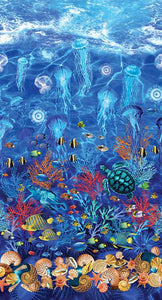 Peek under the sea to view magnificent tropical fish, coral and seashells of every kind, sea turtles, jellyfish and more in this fabric panel. 