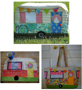 3-d sewing machine cover , place mat, or tote with bright curtains, door and button embellishments