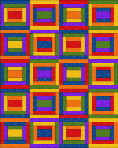 Brightly colored quilt done in court house style squares.