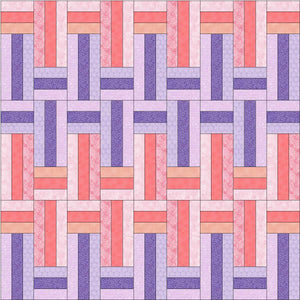 Quilt done in with alternating rectangles in purples and pinks. 