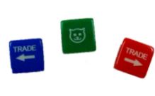 Red, green and blue dice showing a kitty and arrows.  Used to play a trading game that's great for quilters, crafters, knitters, trading cards , and coins.  Children to  adults love trading and playing.  Dice and game nights are available at Colorado Creations Quilting