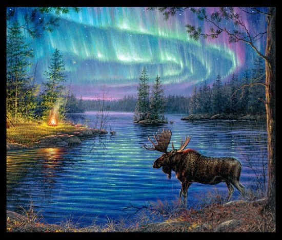 This fabric quilt panel features a moose at lakeside with the glowing northern lights in the night sky.