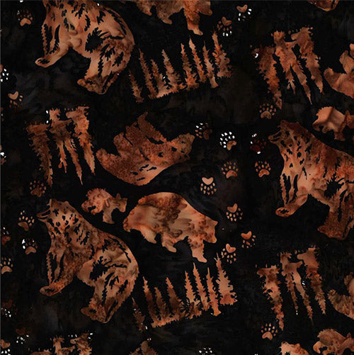 This tonal fabric features images of bears, evergreens, and paw prints stamped on a rich mahogany brown background fabric custom printed by Hoffman Fabrics.