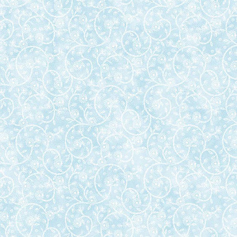This tonal light blue cotton fabric features meandering blue vine background.