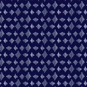 This cotton fabric features  white diamonds on a navy blue background.