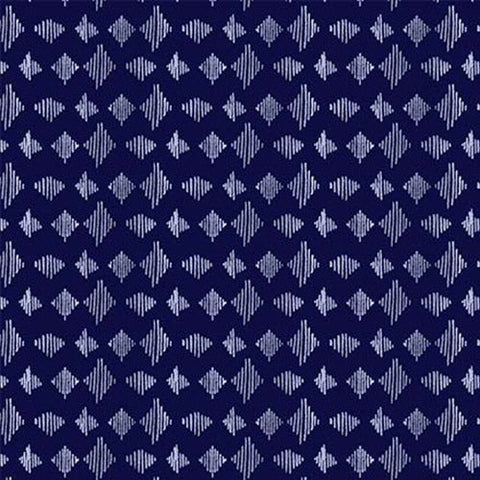 This cotton fabric features  white diamonds on a navy blue background.