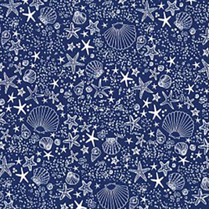 This cotton fabric features white seashells tossed on a royal blue background. 