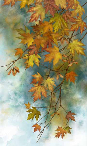 This digitally printed fabric panel features  falling rust-colored maples leaves on a teal blue background.