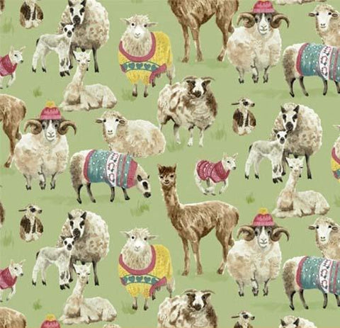 This cotton fabric features adorable alpaca and sheep in wooly sweaters
on a light green background. Available at Colorado Creations Quilting