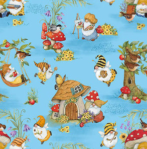 This cotton fabric features darling little gnomes buzzing with bees, sitting under mushroom houses and swinging with birds. Available at Colorado Creations Quilting