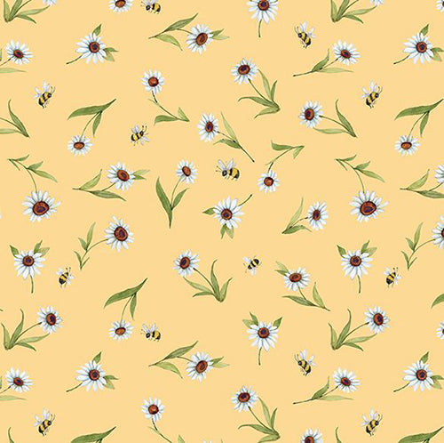 This cotton fabric features white daisies and little bumble bees on a yelow background.  Available at Colorado Creations Quilting