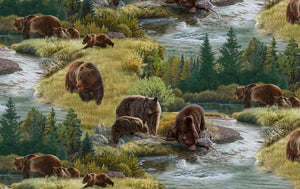 Bears in a meadow near a stream cotton fabric available at Colorado Creations Quilting