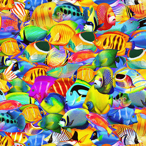 Vibrantly colored packed tropical fish fabric available at Colorado Creations Quilting