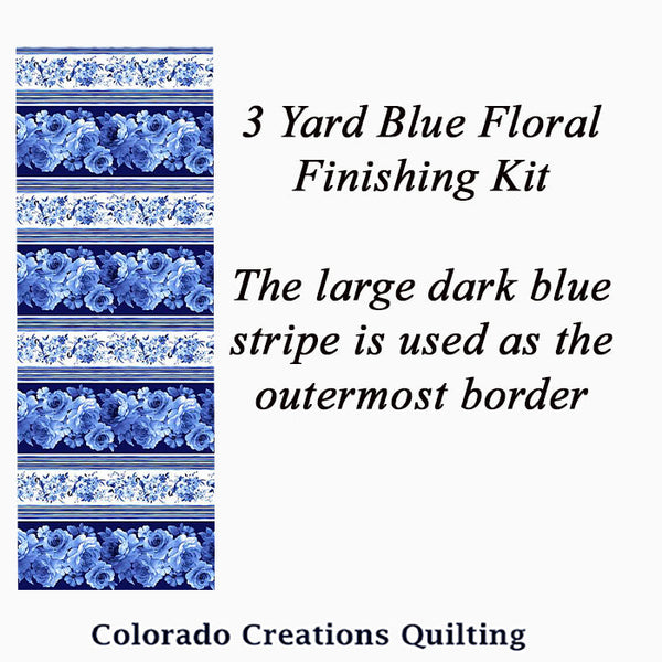 The 3-yard quilt kit features one yard of a light and dark blue floral fabric along with white and access to a complimentary pattern with easy to follow directions and great visuals. Kit available at Colorado Creations Quilting