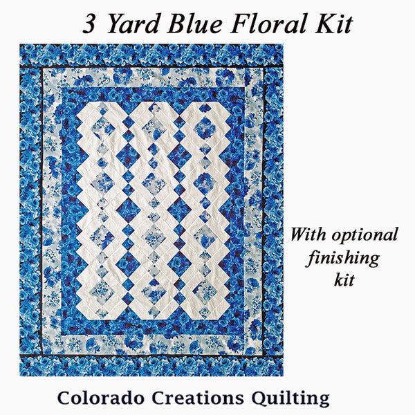Blue floral quilt kit with white geometric pattern, labeled '3 Yard Blue Floral Kit' by Colorado Creations Quilting.