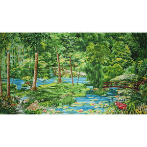 This fabric quilt panel features a serence bridge overlooking water lilies with a bright red canoe nearby in the Monet impressionistic style.