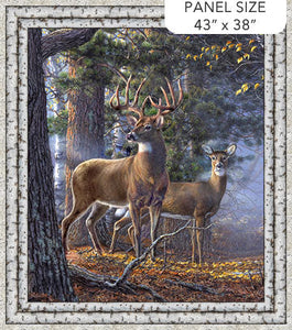 This digitally printed fabric quilt panel features 2 elk in the forest at the first light of day.