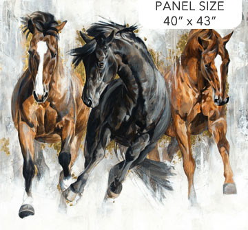 This digitally printed fabric quilt panel features 3 stallions running wild with a brushstroked bacground of gray.
