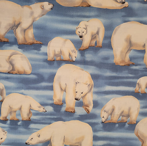 This fun novelty fabric features large polar bears on a blue background. Available at Colorado Creations Quilting