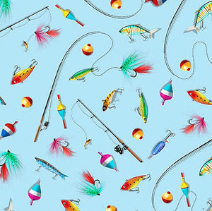 fabric with fishing lures Fish Reals on Blue Cotton Fabric by Michael Miller – Colorado Creations  Quilting