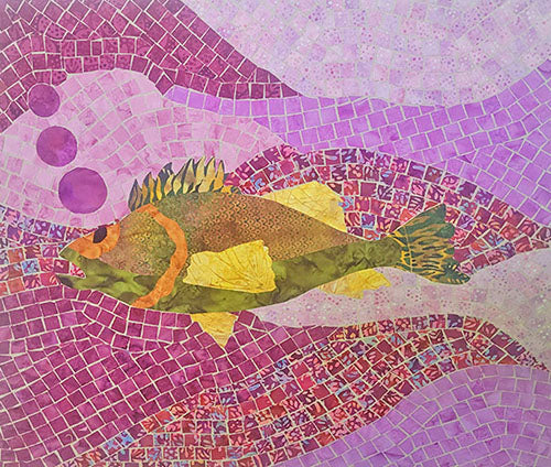 Mosaic artwork of a fish on a purple background