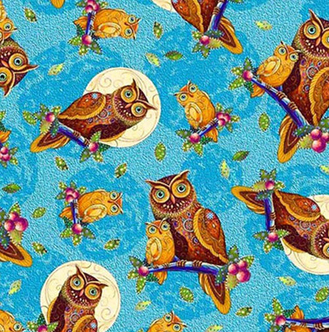 Colorful owl pattern on a blue background