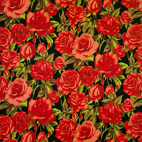 This cotton fabric features red roses on a black background. Available at Colorado Creations Quilting