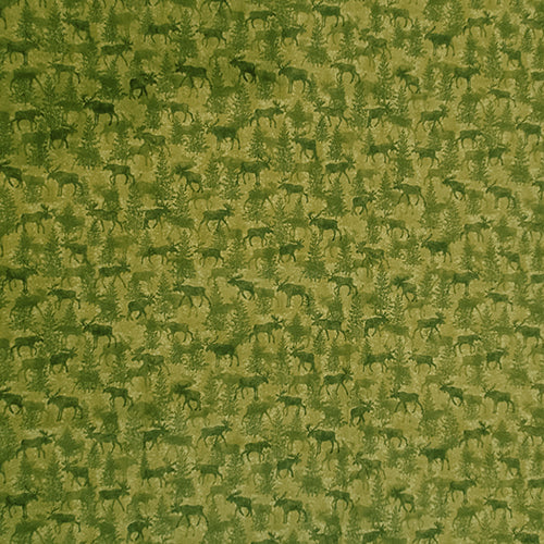 This cotton fabric features tonal olive green moose and evergreen trees on a lighter olive green background. Available at Colorado Creations Quilting