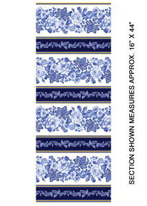 This cotton fabric features border stripes with blue flowers on white.
