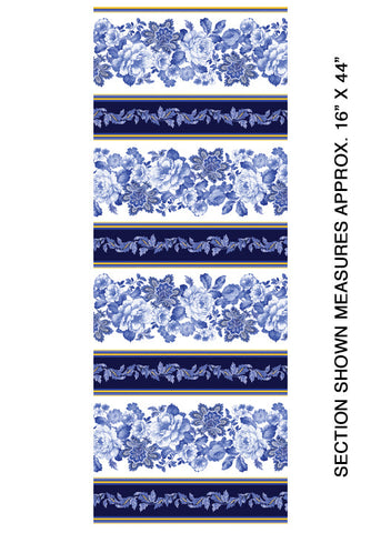 This cotton fabric features border stripes with blue flowers on white.