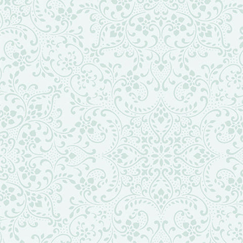 This cotton fabric features tonal scroll work in a light pastel blue.