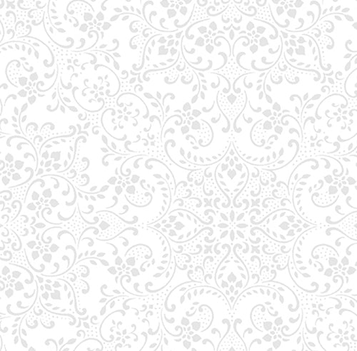 This cotton fabric features tonal scroll work in white.