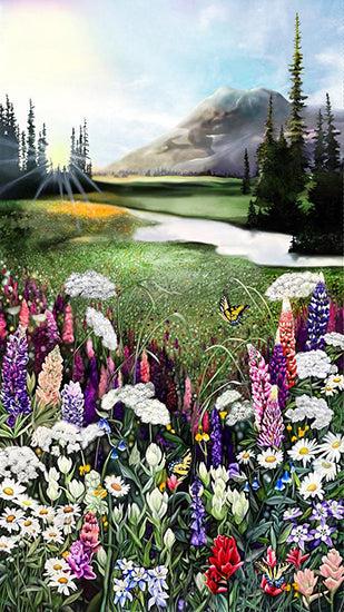 This digitally printed cotton fabric panel features a field of wildflowers such as columbines, lupine, and daisies beneath a sun-drenched majestic mountain.