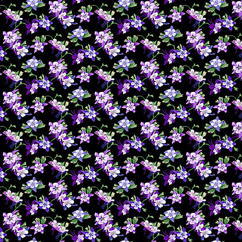 This cotton fabric features purple and blue columbines on a black background.  Available at Colorado Creations Quilting