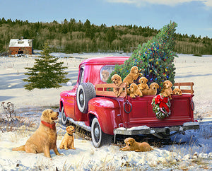 This cotton fabric panel is sure to start the holiday season off right. It features golden lab puppies packed in the back of a red truck along with a decorated Christmas tree. Available at Colorado Creations Quilting