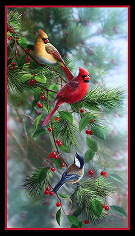 This cotton fabric panel features two cardinals and a chickadee perched on an evergreen branch that's accented with red berries.  Available at Colorado Creations Quilting