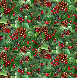 This lovely cotton fabric print features packed green pine needle branches with pinecones and red berry accents. 