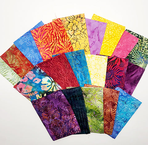 This bundle of fat quarters comes in an assortment of textured batiks in  all colors of the rainbow