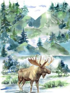 This cotton fabric panel features in a water color-style, a large moose surrounded by  trees with mountains in the background.Available at Colorado Creations Quilting