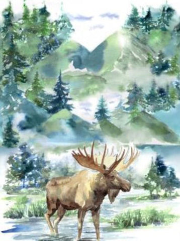 This cotton fabric panel features in a water color-style, a large moose surrounded by  trees with mountains in the background.Available at Colorado Creations Quilting