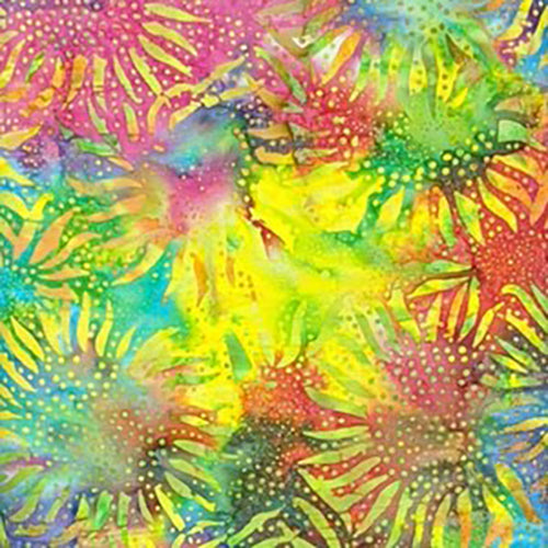 This fun and vibrant batik cotton fabric features sunflowers in all the colors of the rainbow.