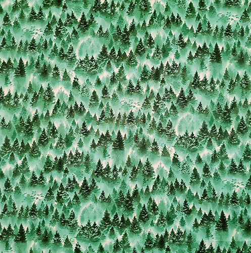 This fabric features stacked evergreen trees in shades of green. Available at Colorado Creations Quilting