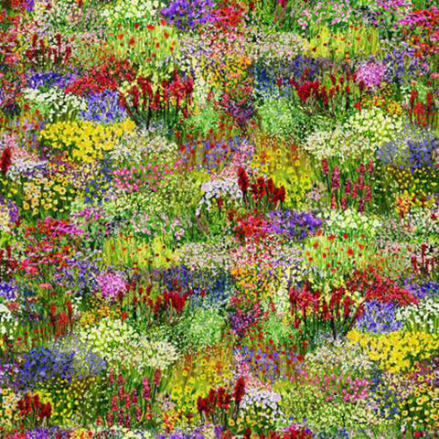 This cotton fabric features a variety of different floral shapes and colors in the impressionist style.